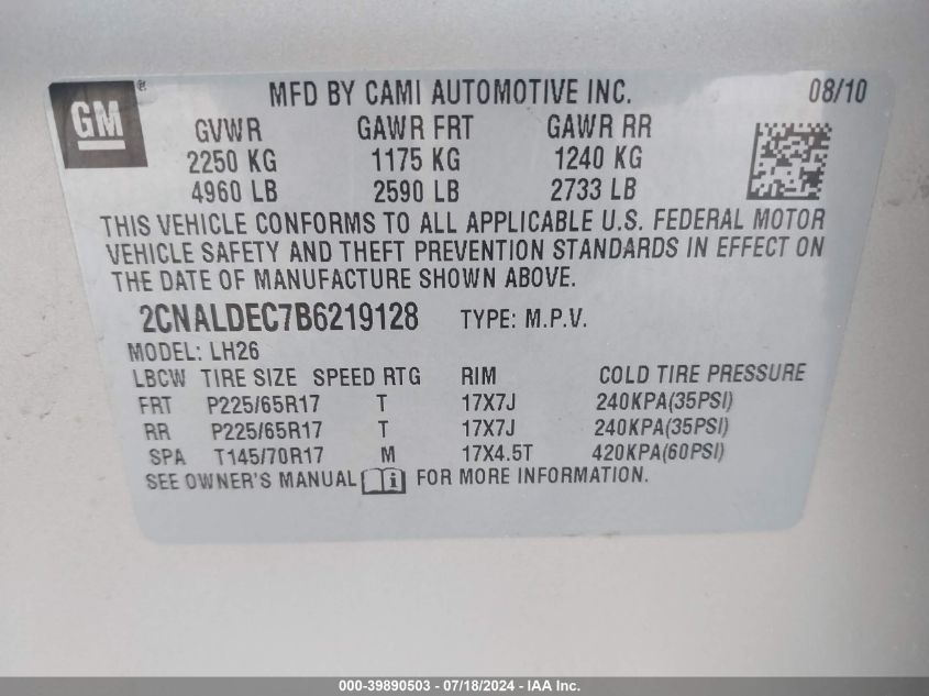 2011 Chevrolet Equinox 1Lt VIN: 2CNALDEC7B6219128 Lot: 39890503