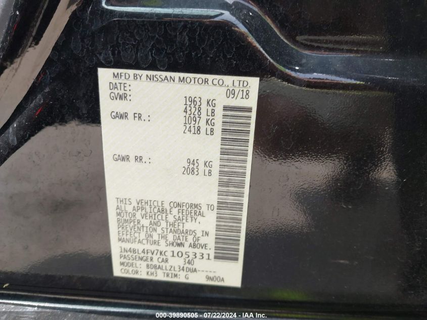 VIN 1N4BL4FV7KC105331 2019 NISSAN ALTIMA 2.5 PLATINUM