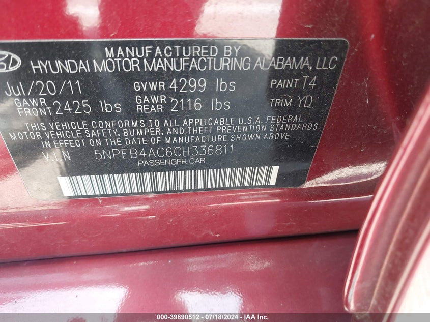 2012 Hyundai Sonata Gls VIN: 5NPEB4AC6CH336811 Lot: 39890512