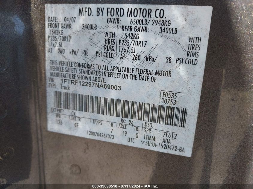 2007 Ford F150 VIN: 1FTRF12297NA69003 Lot: 39890518