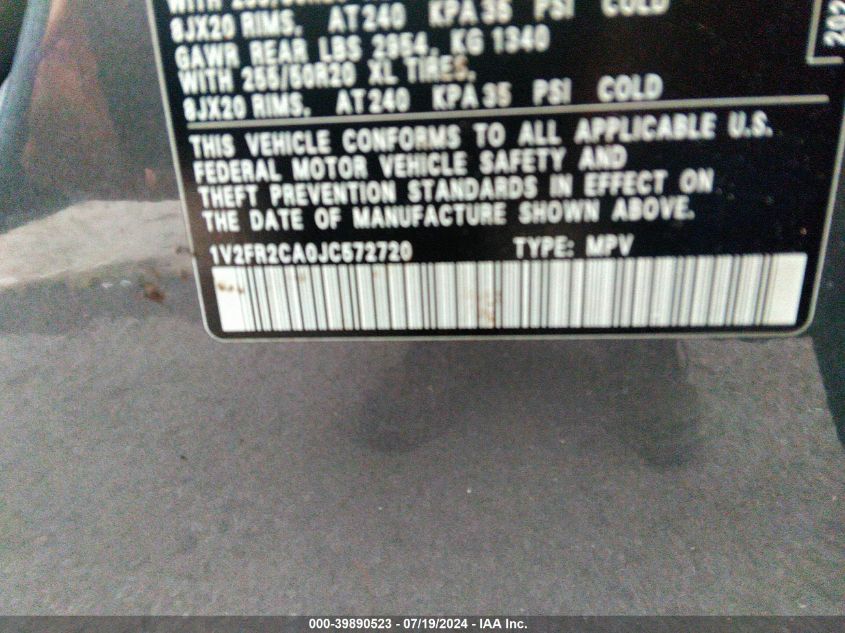 2018 Volkswagen Atlas 3.6L V6 Se W/Technology VIN: 1V2FR2CA0JC572720 Lot: 39890523