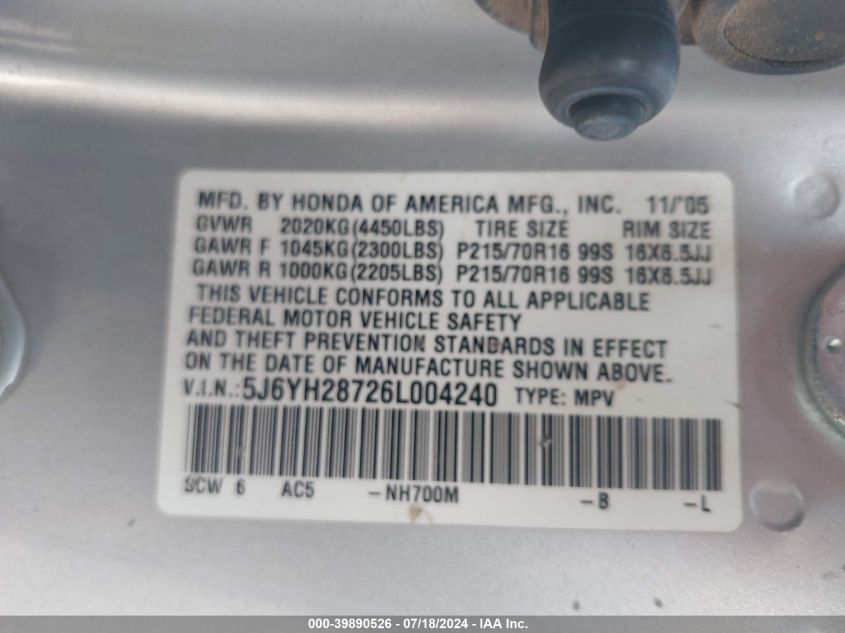 2006 Honda Element Ex-P VIN: 5J6YH28726L004240 Lot: 39890526