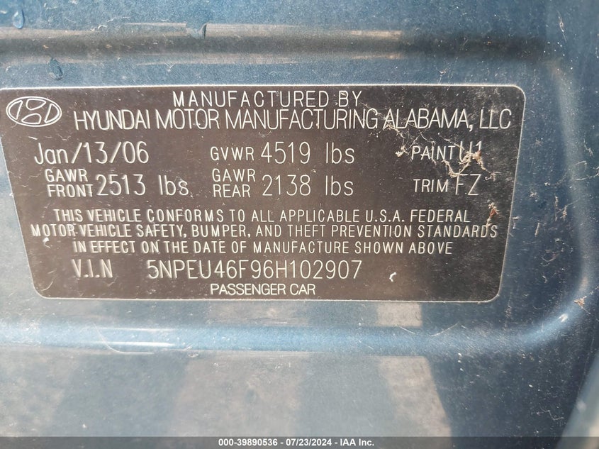 2006 Hyundai Sonata Gls V6/Lx V6 VIN: 5NPEU46F96H102907 Lot: 39890536