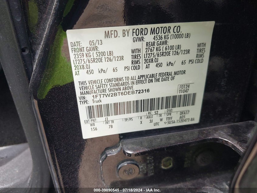2013 Ford F250 Super Duty VIN: 1FT7W2BT6DEB72316 Lot: 39890545