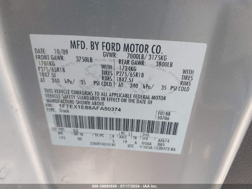 1FTEX1E88AFA50374 | 2010 FORD F-150