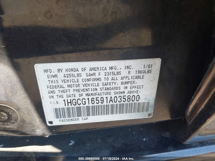 2001 Honda Accord 3.0 Ex VIN: 1HGCG16591A035800 Lot: 39890588