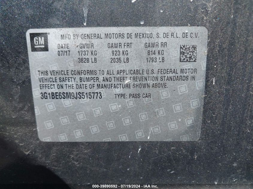 2018 Chevrolet Cruze Lt Auto VIN: 3G1BE6SM9JS515773 Lot: 39890592