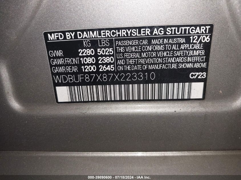 2007 Mercedes-Benz E 350 4Matic VIN: WDBUF87X87X223310 Lot: 39890600