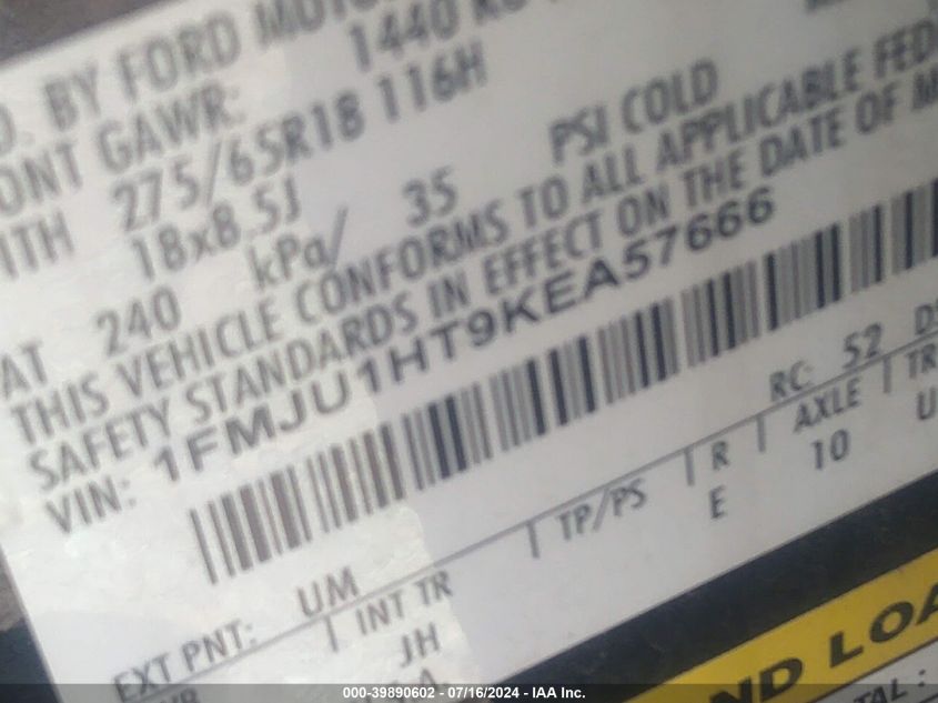 2019 Ford Expedition Xlt VIN: 1FMJU1HT9KEA57666 Lot: 39890602