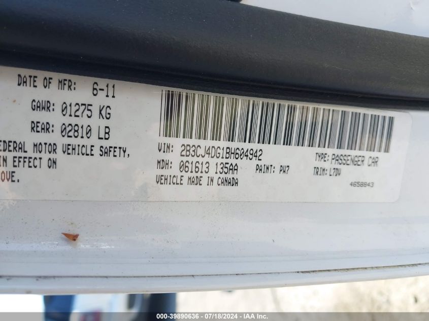 2011 Dodge Challenger VIN: 2B3CJ4DG1BH604942 Lot: 39890636