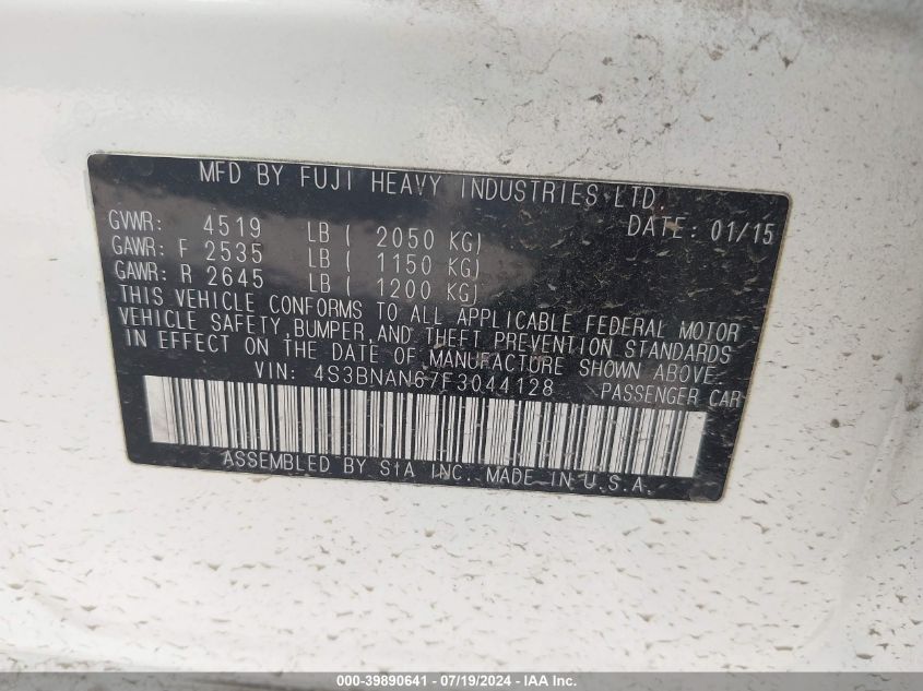2015 Subaru Legacy 2.5I Limited VIN: 4S3BNAN67F3044128 Lot: 39890641