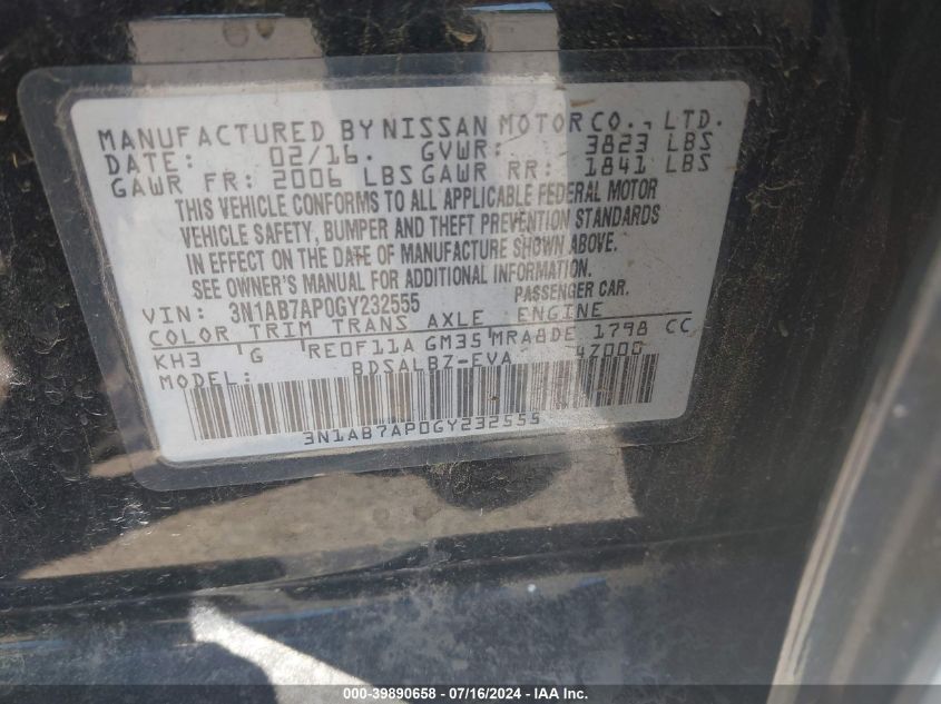 2016 Nissan Sentra S VIN: 3N1AB7AP0GY232555 Lot: 39890658