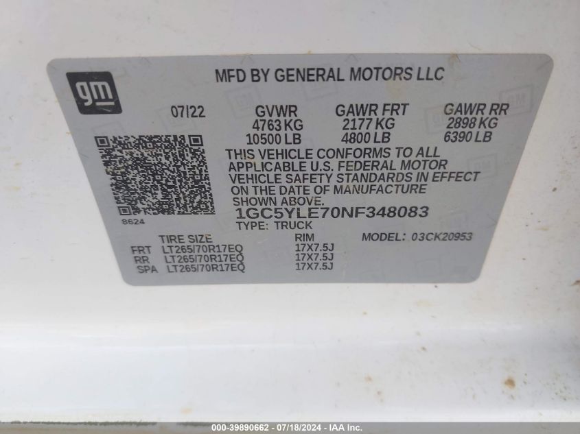 2022 Chevrolet Silverado 2500Hd 4Wd Double Cab Long Bed Wt VIN: 1GC5YLE70NF348083 Lot: 39890662