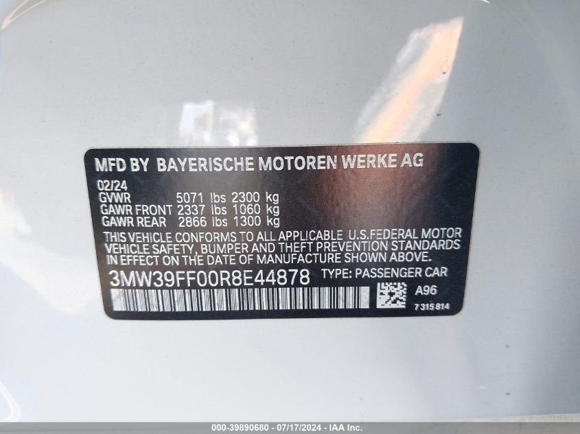 2024 BMW 3 Series 330E VIN: 3MW39FF00R8E44878 Lot: 39890680