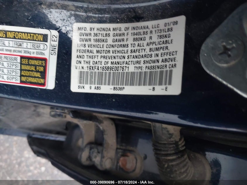 2009 Honda Civic Lx VIN: 19XFA16589E007671 Lot: 39890696
