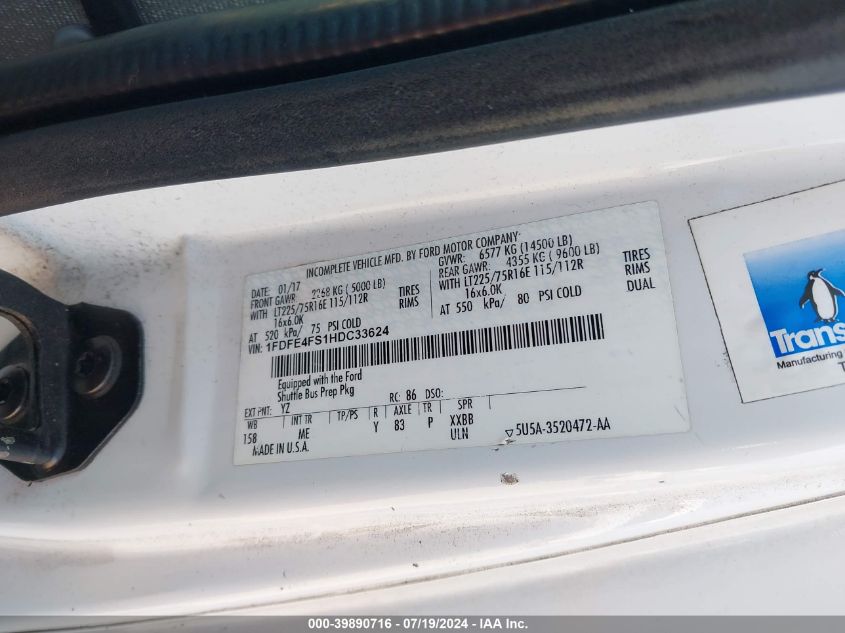 2017 Ford Econoline E450 Super Duty Cutwy Van VIN: 1FDFE4FS1HDC33624 Lot: 39890716
