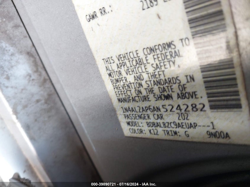 2010 Nissan Altima 2.5 S VIN: 1N4AL2AP6AN524282 Lot: 39890721