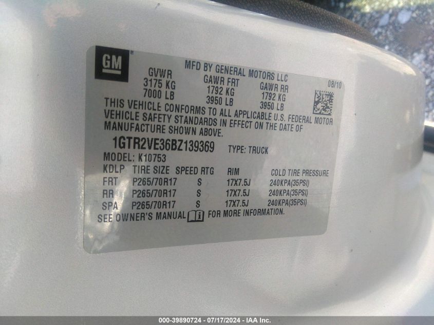 2011 GMC Sierra 1500 Sle VIN: 1GTR2VE36BZ139369 Lot: 39890724