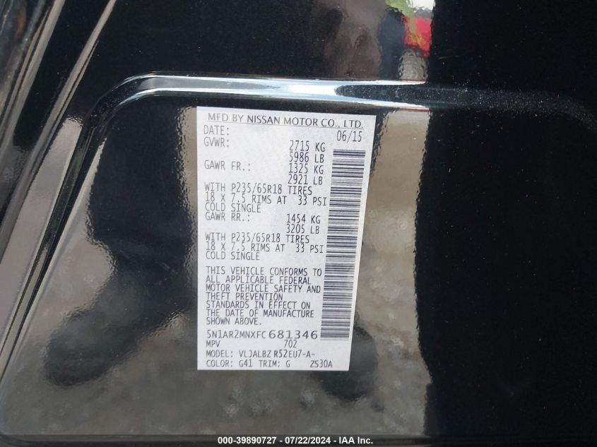 2015 Nissan Pathfinder S VIN: 5N1AR2MNXFC681346 Lot: 39890727