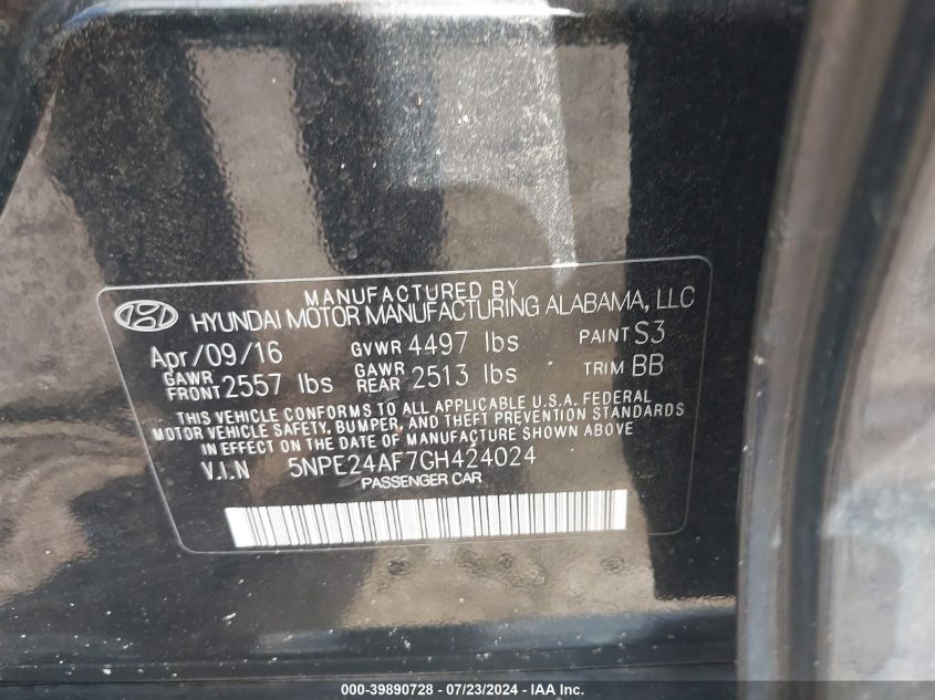 2016 Hyundai Sonata Se VIN: 5NPE24AF7GH424024 Lot: 39890728