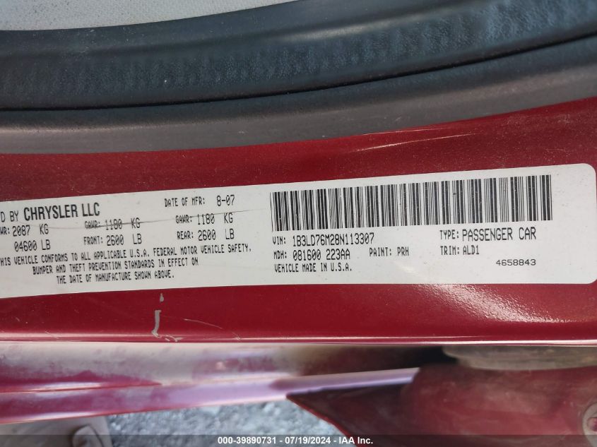 2008 Dodge Avenger R/T VIN: 1B3LD76M28N113307 Lot: 39890731