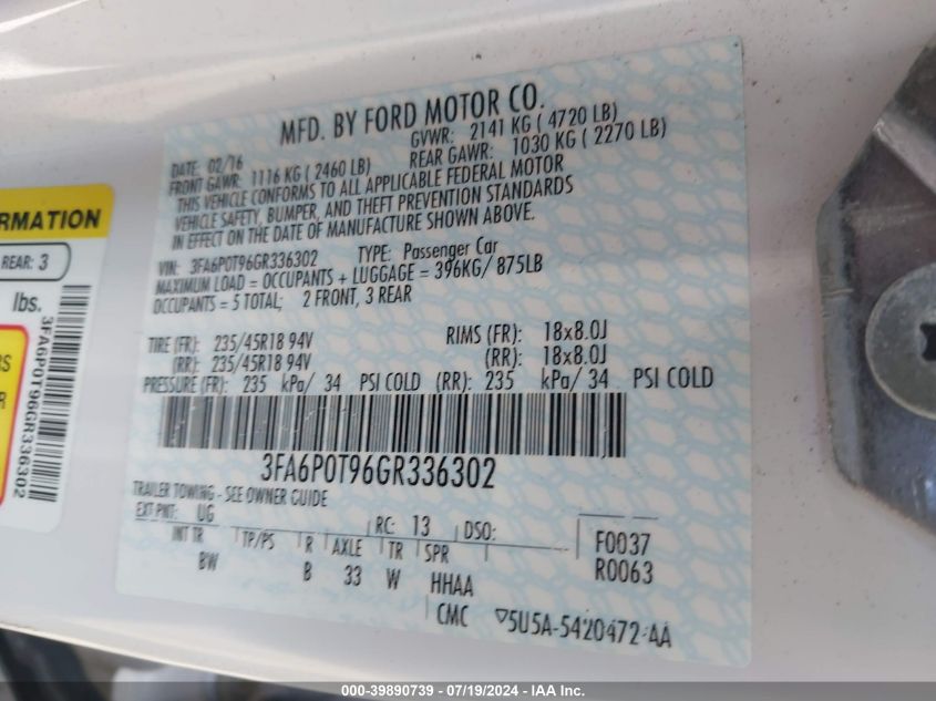 2016 Ford Fusion Se VIN: 3FA6P0T96GR336302 Lot: 39890739