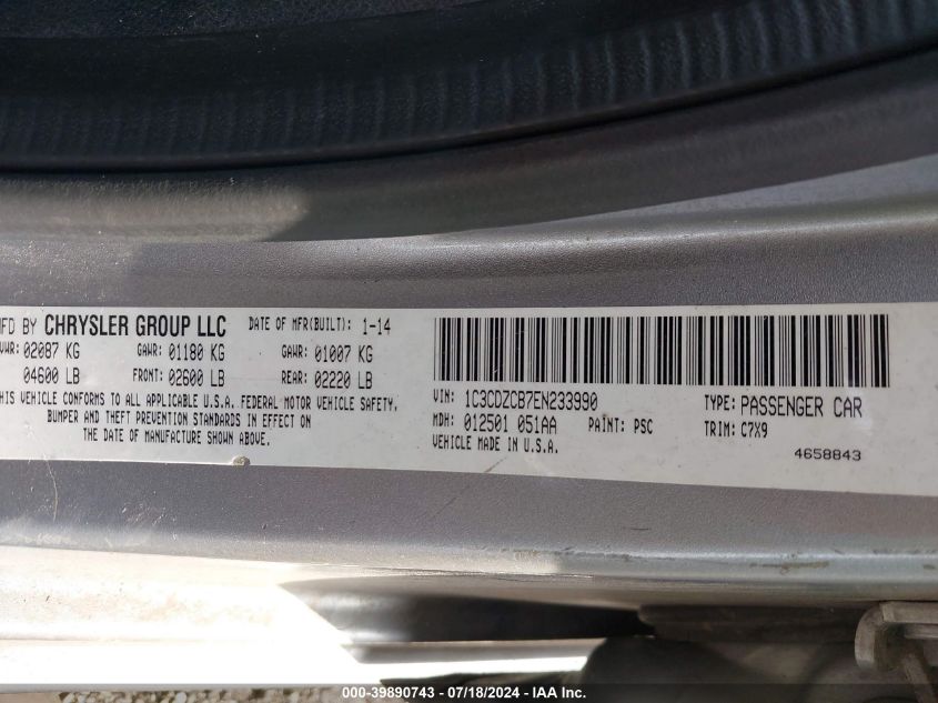 2014 Dodge Avenger Sxt VIN: 1C3CDZCB7EN233990 Lot: 39890743