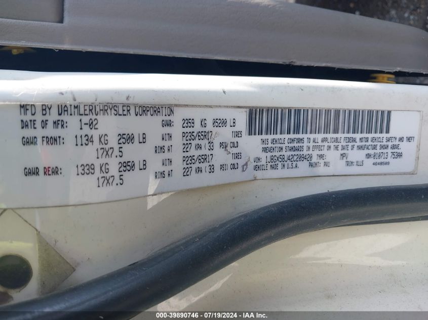 2002 Jeep Grand Cherokee Limited VIN: 1J8GX58J42C209420 Lot: 39890746