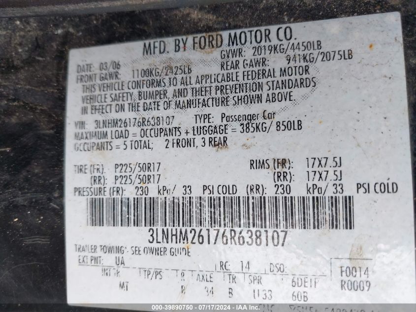 2006 Lincoln Zephyr VIN: 3LNHM26176R638107 Lot: 39890750