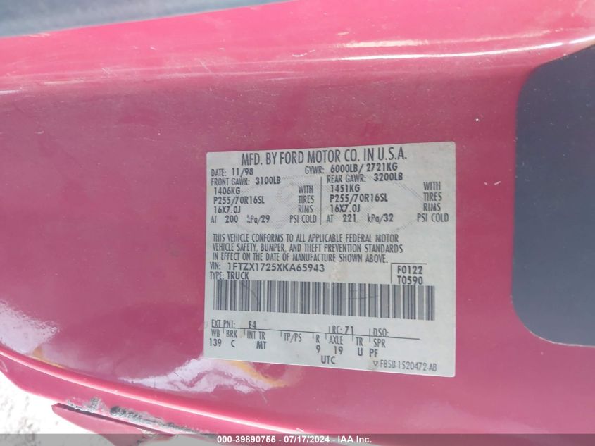 1999 Ford F-150 Work Series/Xl/Xlt VIN: 1FTZX1725XKA65943 Lot: 39890755