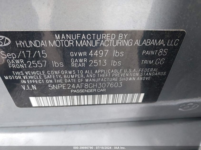 2016 Hyundai Sonata Se VIN: 5NPE24AF8GH307603 Lot: 39890790
