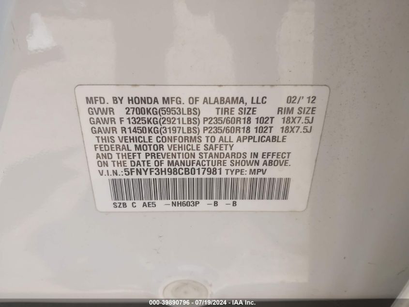 2012 Honda Pilot Touring VIN: 5FNYF3H98CB017981 Lot: 39890796