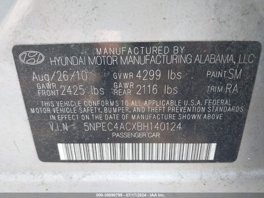 2011 Hyundai Sonata Limited VIN: 5NPEC4ACXBH140124 Lot: 39890799