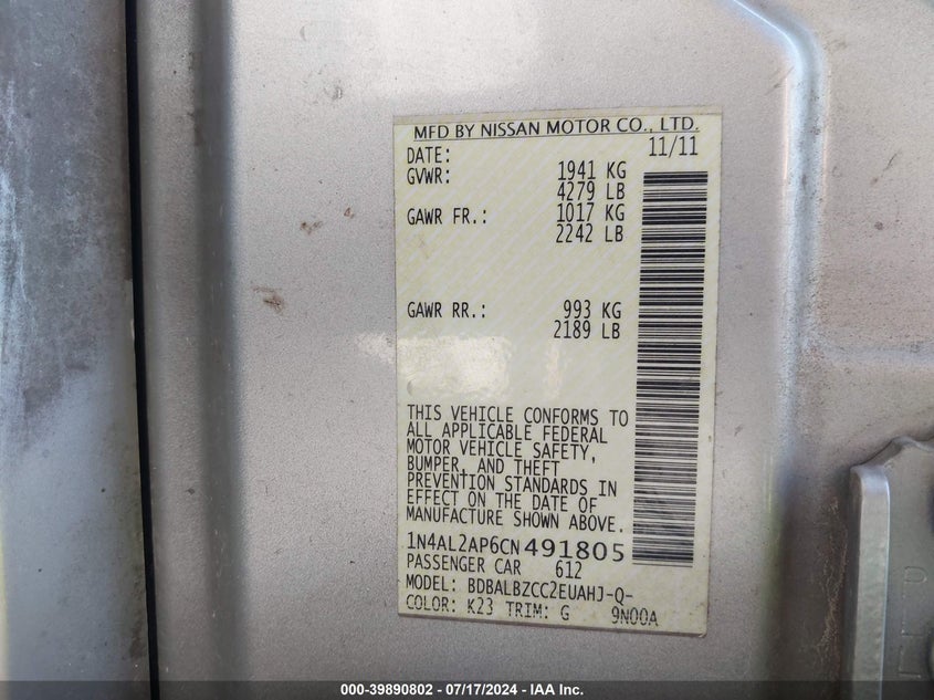 1N4AL2AP6CN491805 2012 Nissan Altima 2.5 S