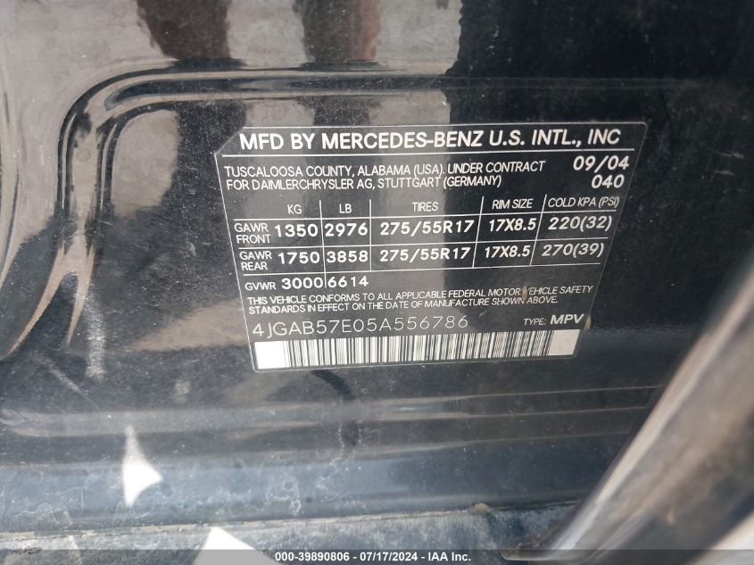 2005 Mercedes-Benz Ml 350 4Matic VIN: 4JGAB57E05A556786 Lot: 39890806