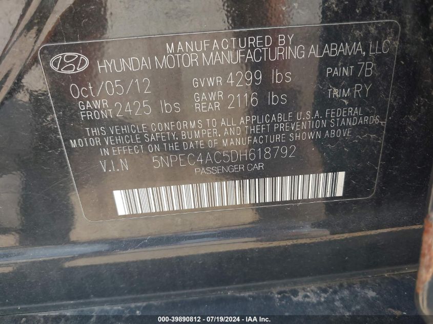 5NPEC4AC5DH618792 2013 Hyundai Sonata Se