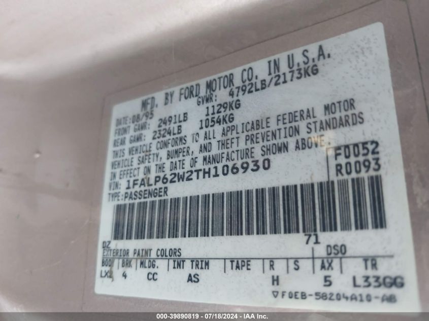 1996 Ford Thunderbird Lx VIN: 1FALP62W2TH106930 Lot: 39890819