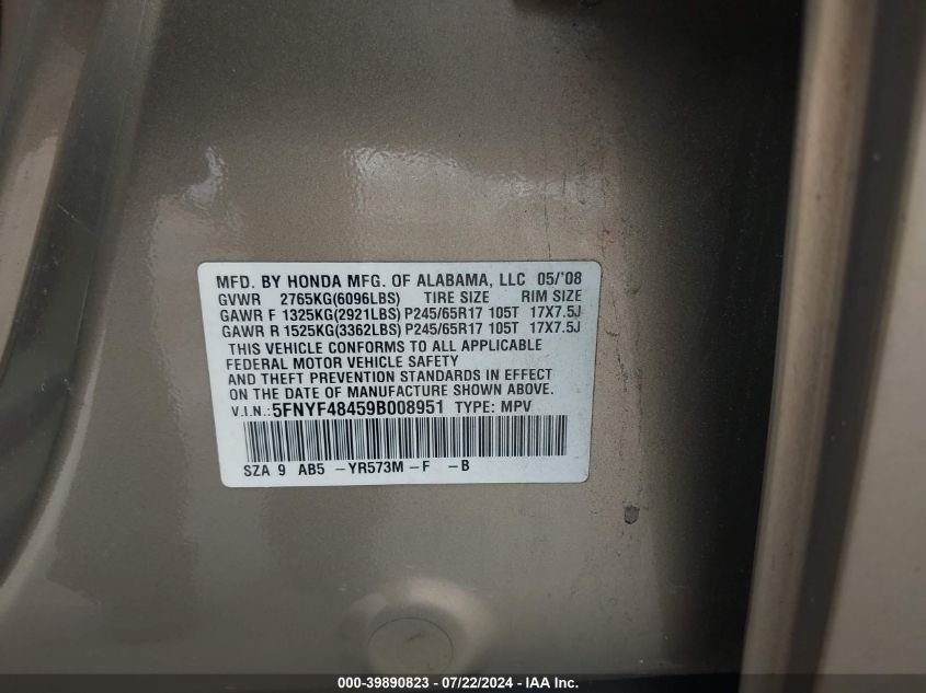 2009 Honda Pilot Ex VIN: 5FNYF48459B008951 Lot: 39890823