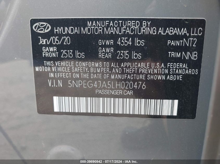 2020 Hyundai Sonata Se VIN: 5NPEG4JA5LH020476 Lot: 39890842