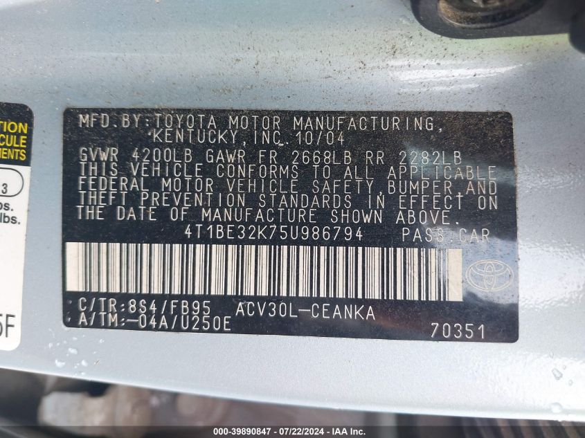 2005 Toyota Camry Le VIN: 4T1BE32K75U986794 Lot: 39890847