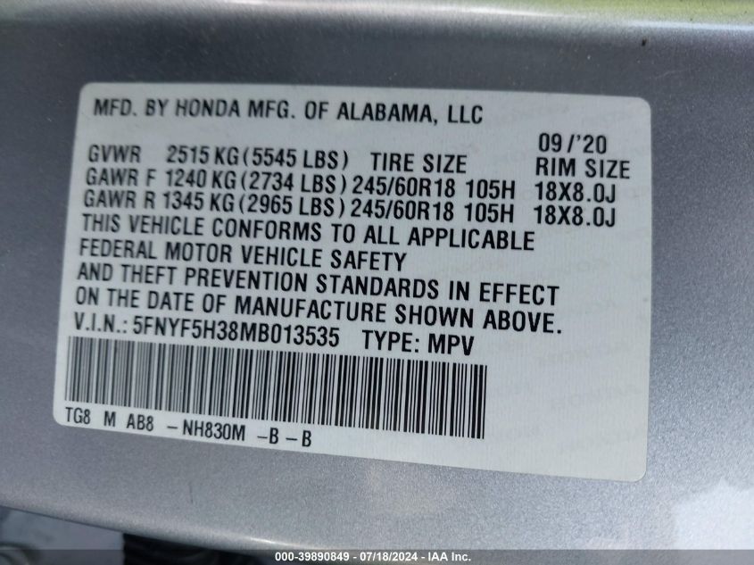 2021 Honda Pilot 2Wd Ex VIN: 5FNYF5H38MB013535 Lot: 39890849