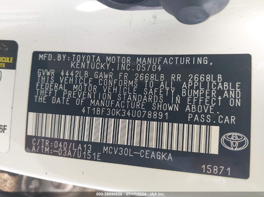 2004 Toyota Camry Xle V6 VIN: 4T1BF30K34U078891 Lot: 39890856