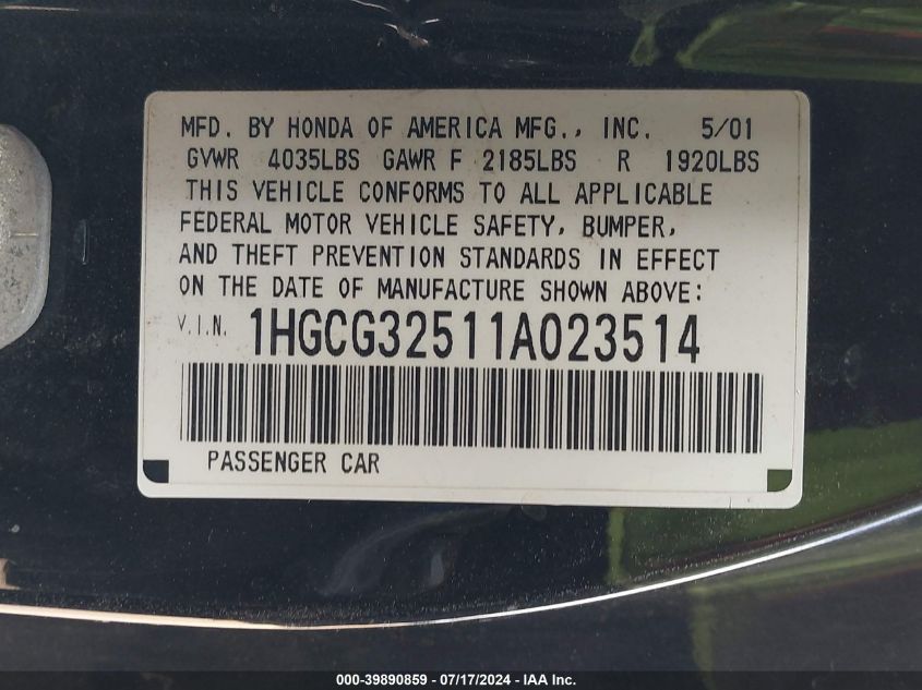2001 Honda Accord 2.3 Ex VIN: 1HGCG32511A023514 Lot: 39890859