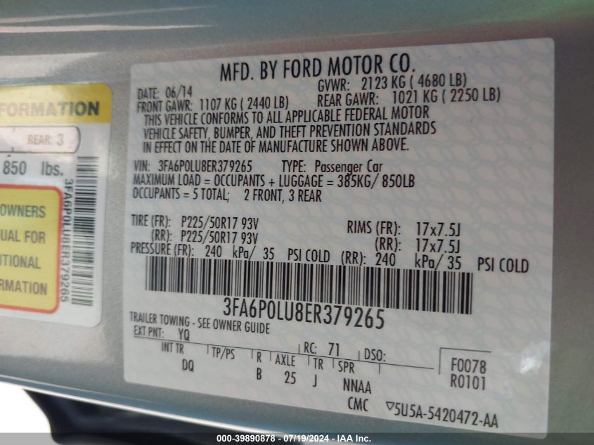 2014 Ford Fusion Hybrid Se VIN: 3FA6P0LU8ER379265 Lot: 39890878