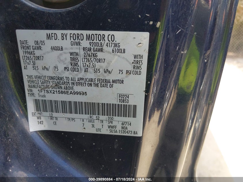 2006 Ford F-250 Lariat/Xl/Xlt VIN: 1FTSX21586EA99995 Lot: 39890884