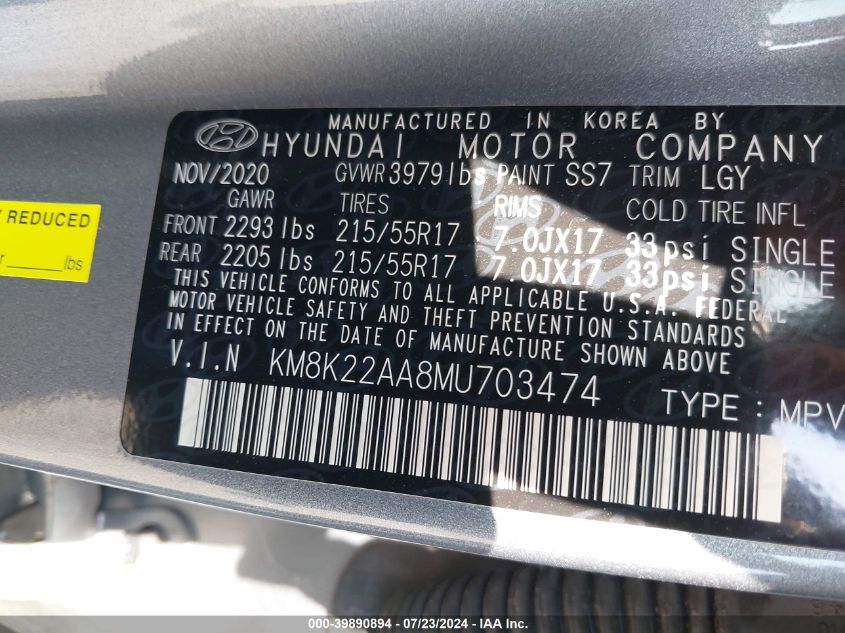 2021 Hyundai Kona Sel VIN: KM8K22AA8MU703474 Lot: 39890894