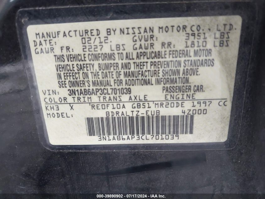 2012 Nissan Sentra 2.0 S VIN: 3N1AB6AP3CL701039 Lot: 39890902