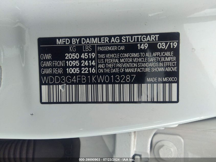 WDD3G4FB1KW013287 2019 Mercedes-Benz A 220 4Matic