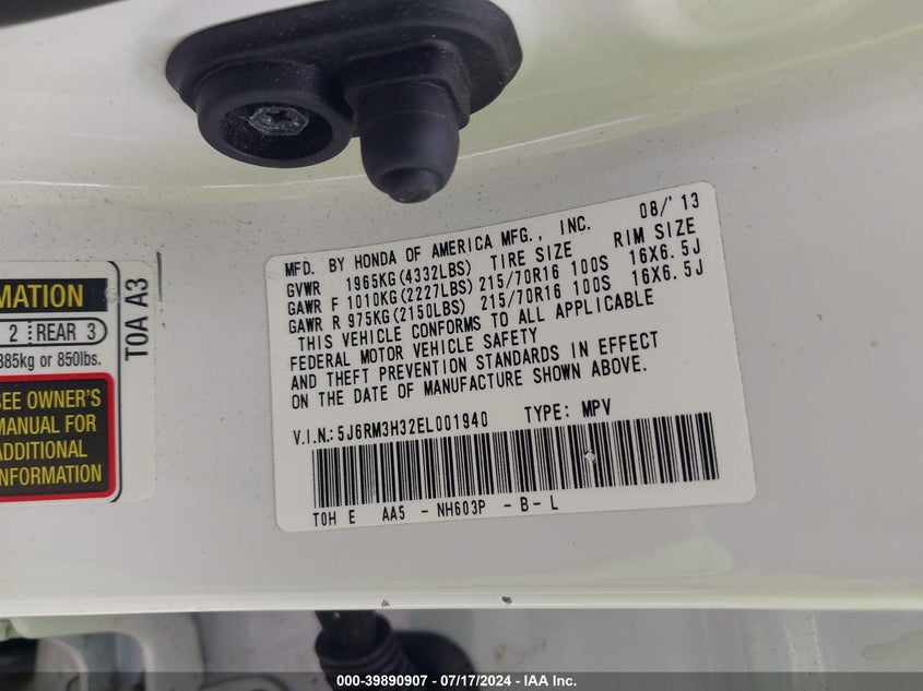 2014 Honda Cr-V Lx VIN: 5J6RM3H32EL001940 Lot: 39890907