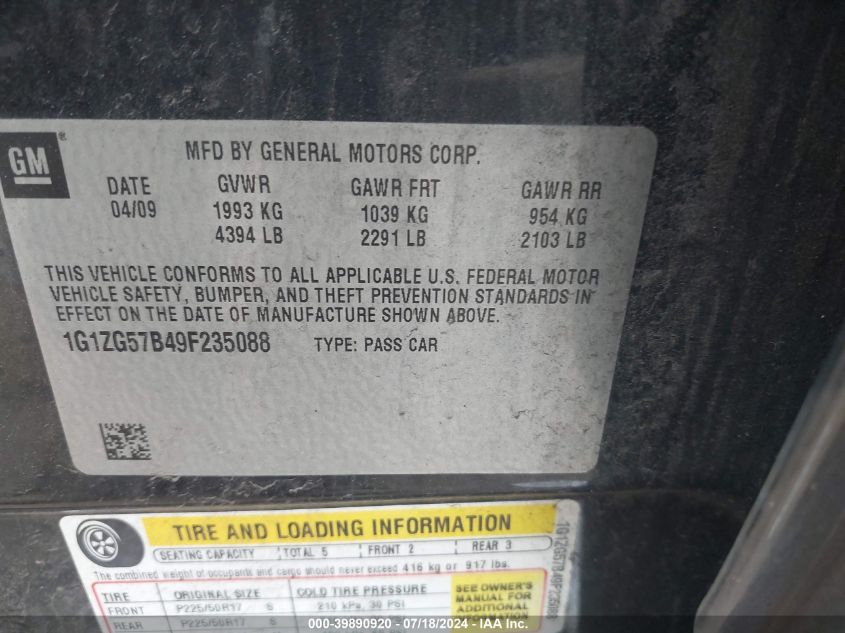 2009 Chevrolet Malibu Ls VIN: 1G1ZG57B49F235088 Lot: 39890920